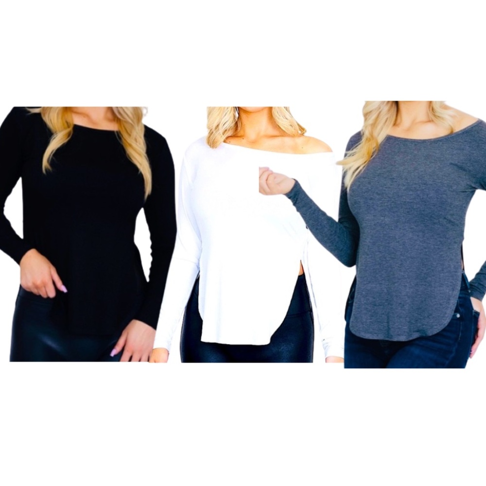 3 - Women’s Casual Long Sleeve Scoop Neck Long Fitted T-Shirt - Trio Set